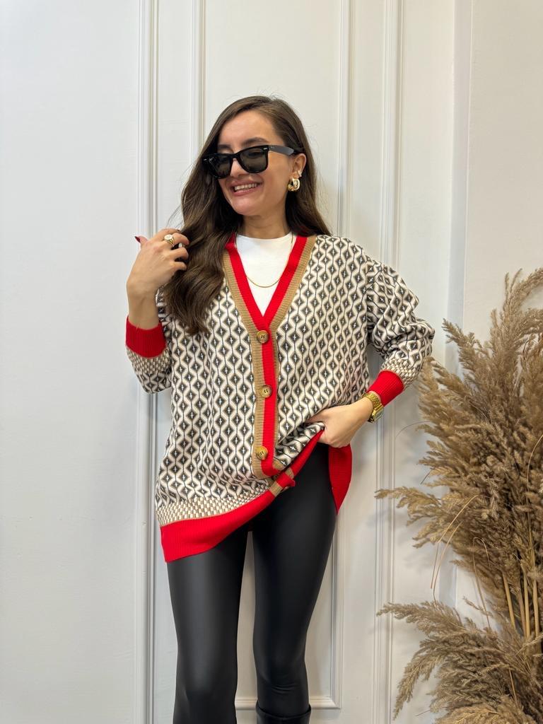 Camel Kırmızı Etnik Desen Triko Hırka 012