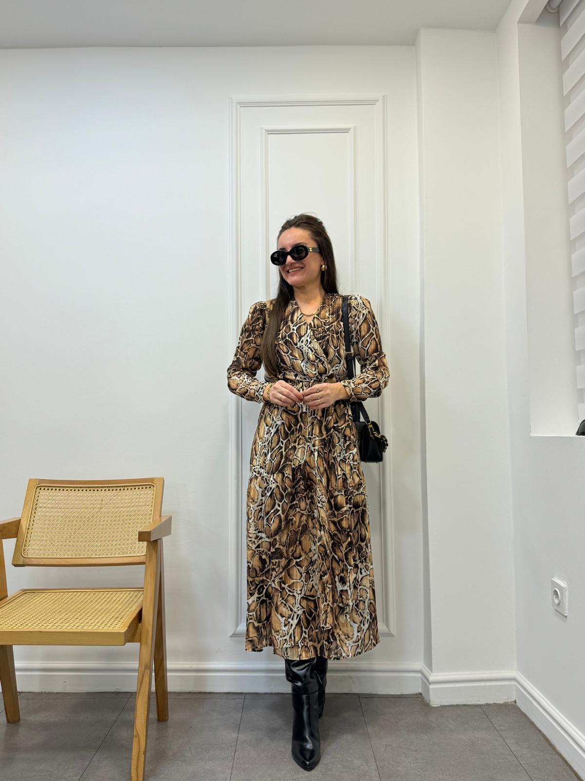 Camel Kruvaze Yaka Yan Bağlamalı Elbise 3247