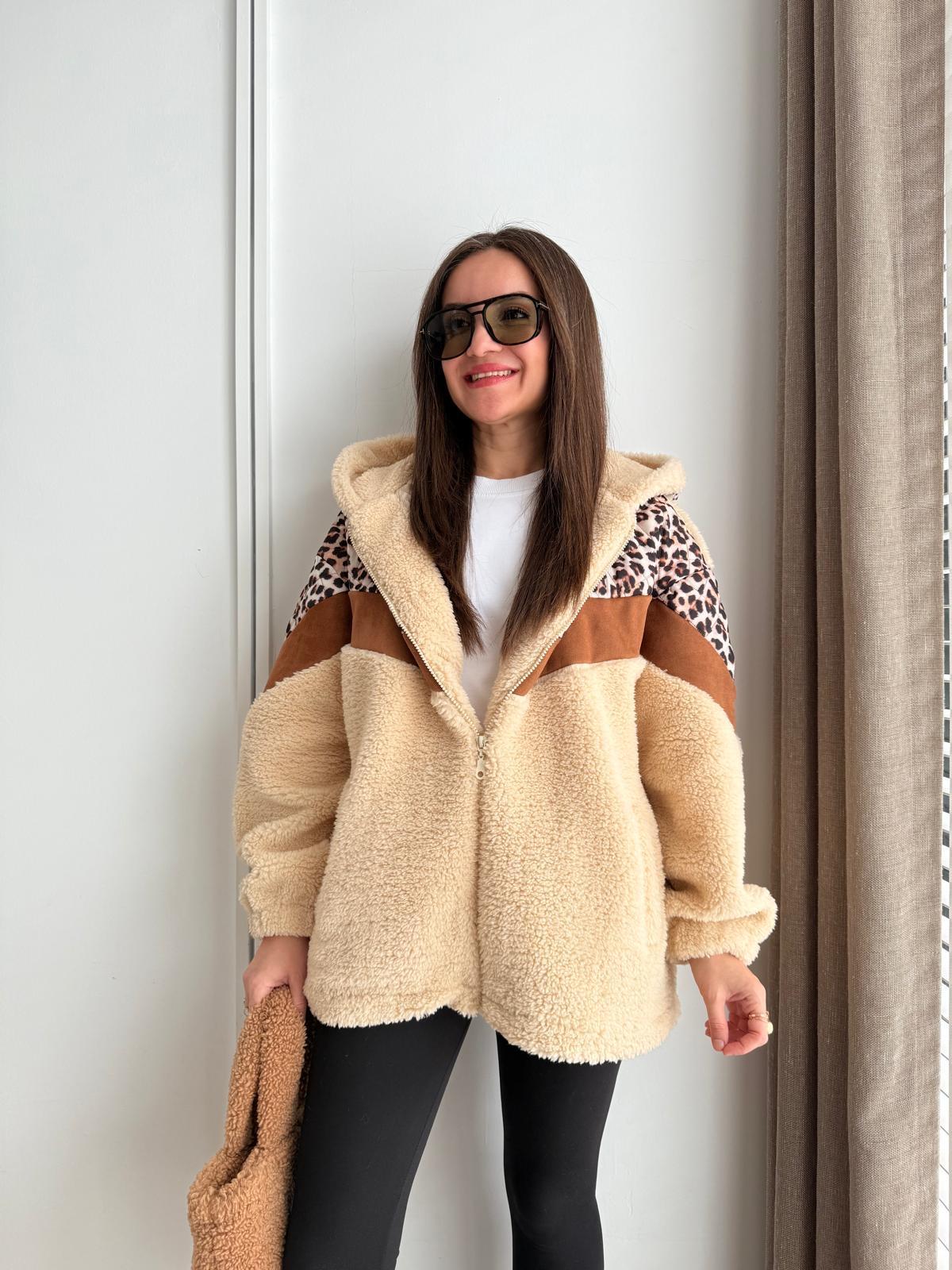 Camel Leopar Detay Garnili Kapüşonlu Peluş Mont 1895