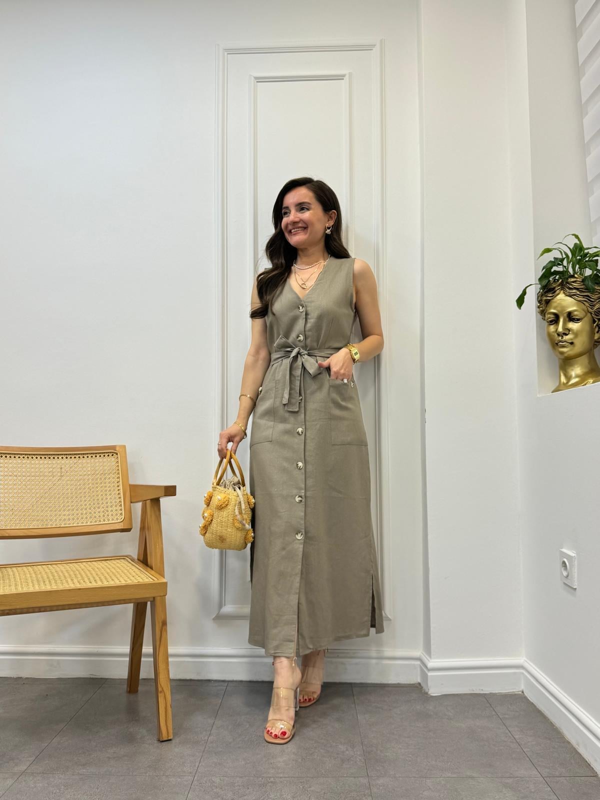 Camel Önü Düğmeli Naturel Keten Sıfır Kol Elbise 3171