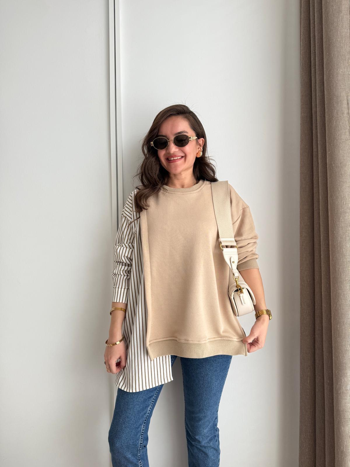 Camel Poplin Detay Çizgili Tasarım Sweatshırt 1346