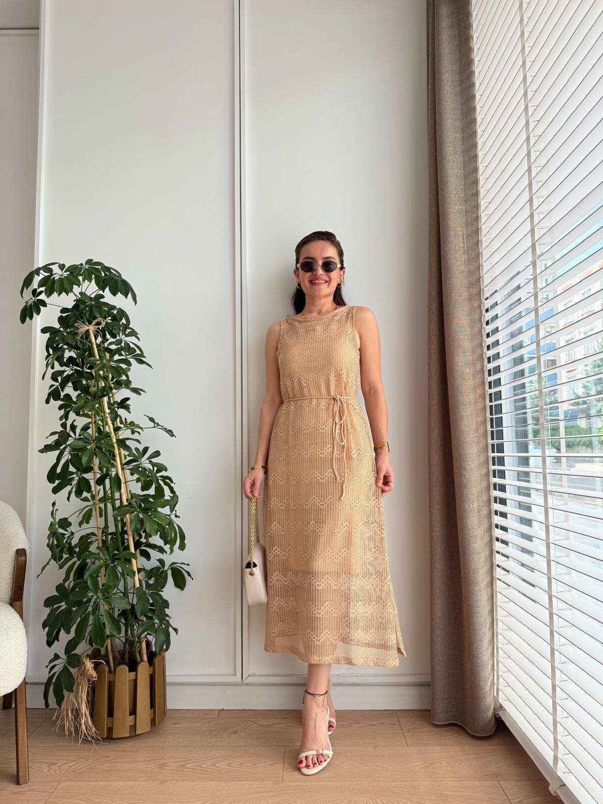 Camel Sıfır Kol Astarlı Ajurlu Elbise 22499