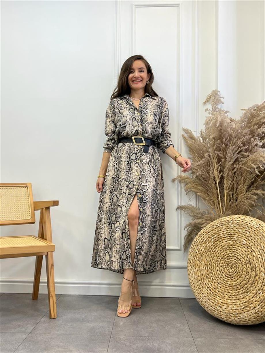 Camel Siyah Yılan Desen Gömlek Elbise 3034