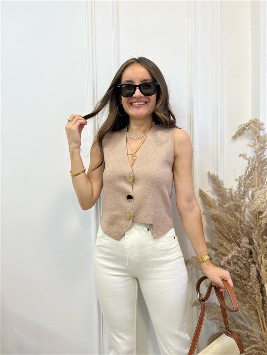 Camel Tasarım Düğmeli Kaşmir Triko Yelek 1007