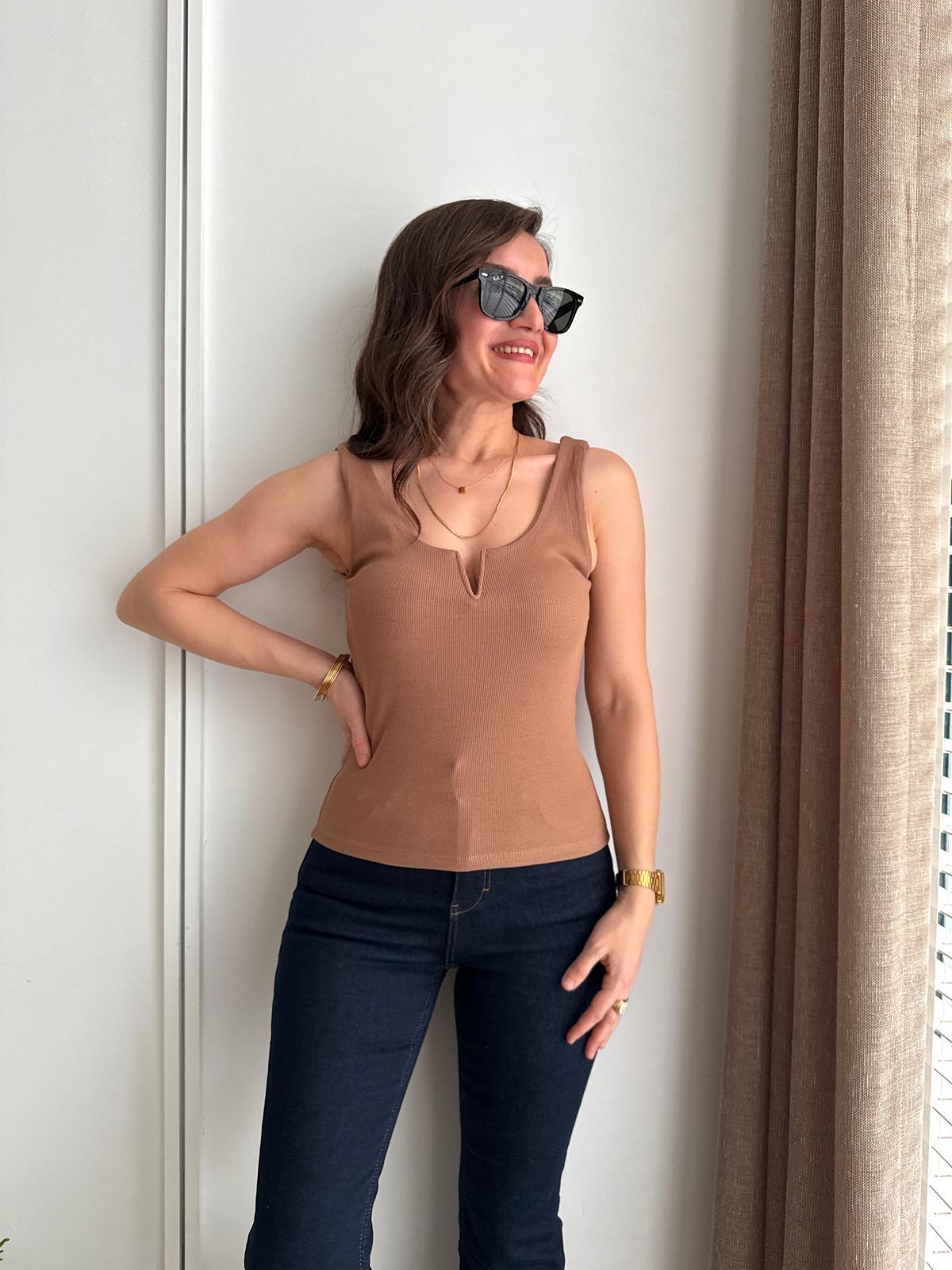 Camel V Dekolte Detaylı Fitilli Atlet 3796