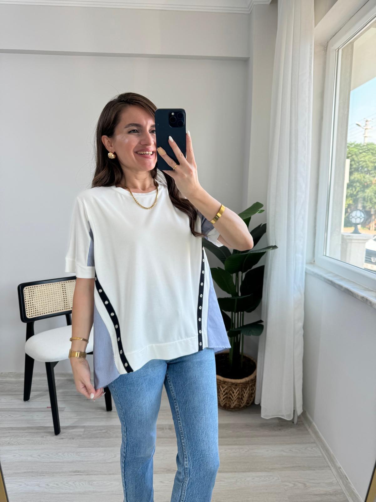 Ekru Arkası Gömlek Detaylı Tasarım Bluz 2928
