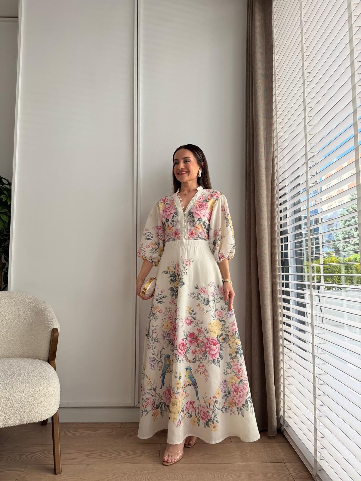 Ekru Balon Kol Floral Desenli Elbise 7986
