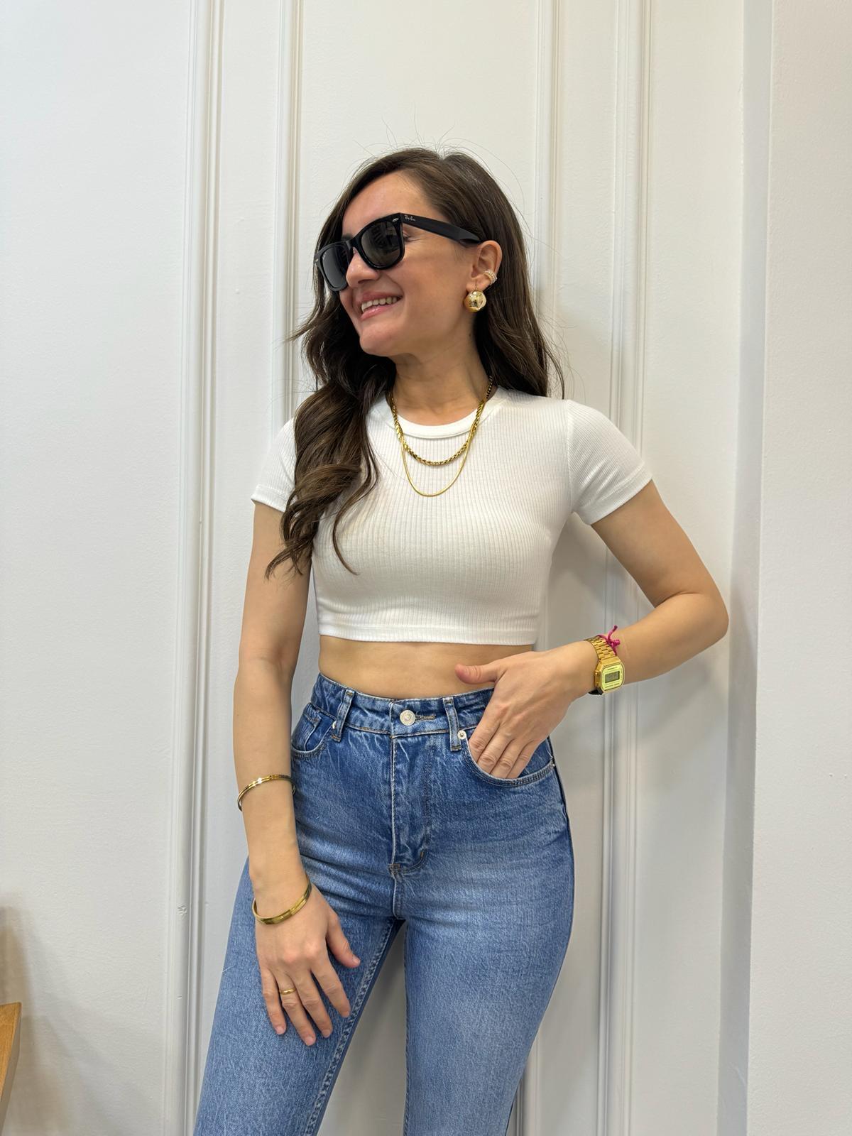 Ekru Bisiklet Yaka Fitilli Crop Tişört 4845