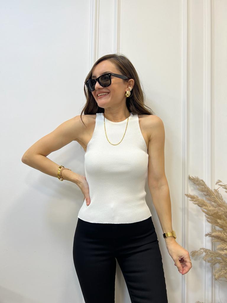 Ekru Bisiklet Yaka Fitilli Triko Atlet 3114