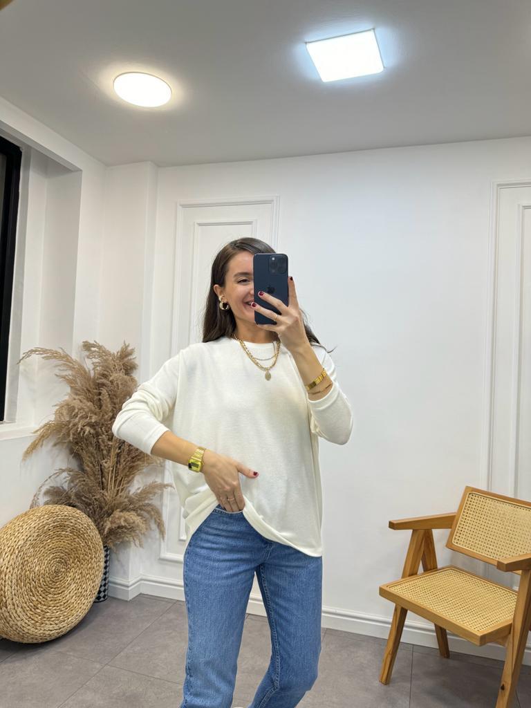 Ekru Bisiklet Yaka Yumoş Triko Bluz 0050