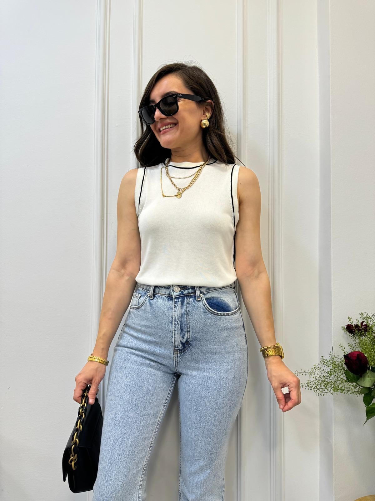 Ekru Biye Detaylı Triko Bluz 2325