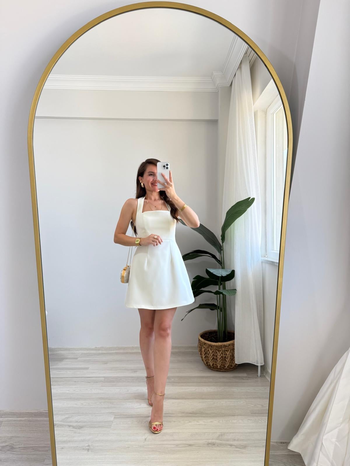 Ekru Boyundan Askılı Mini Elbise 12328