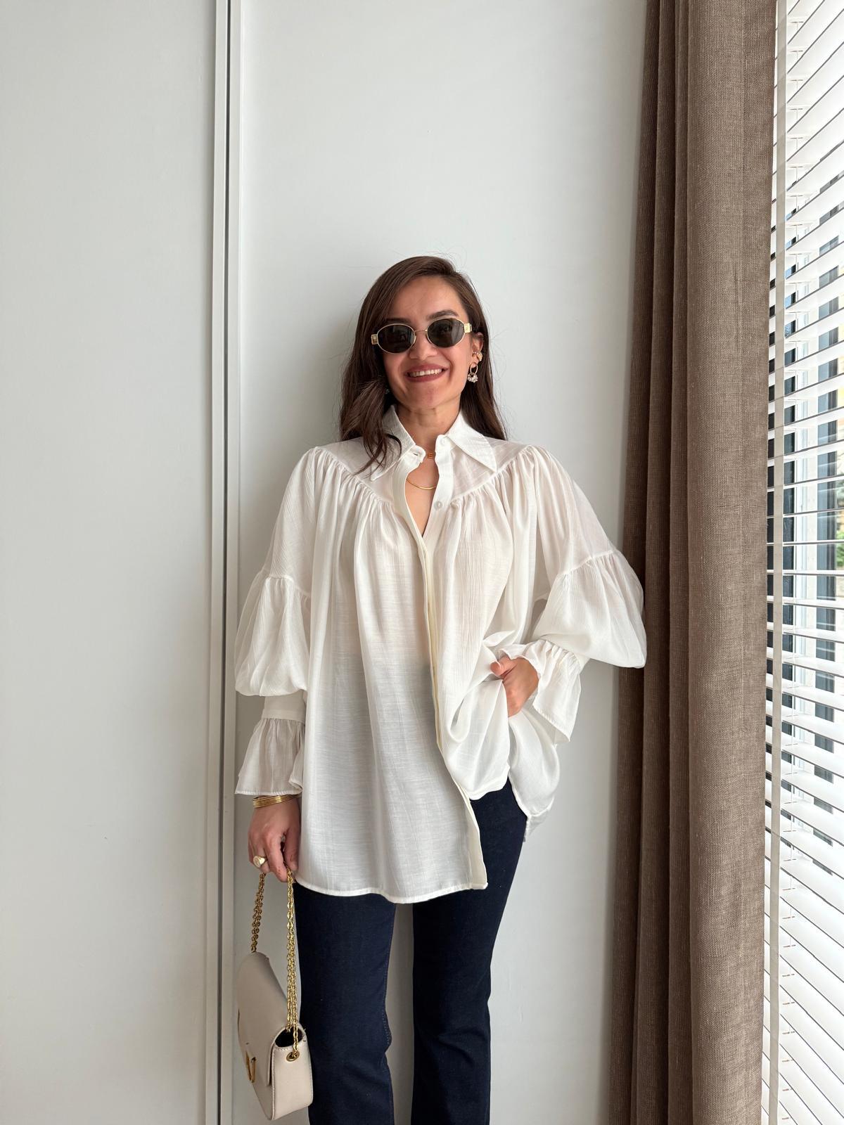 Ekru Büzgülü Kol Detaylı Gömlek 2116