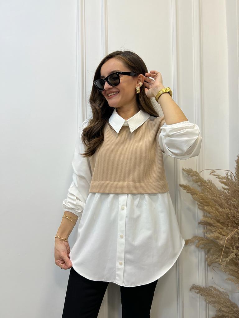 Ekru Camel Triko Detaylı Gömlek 28133