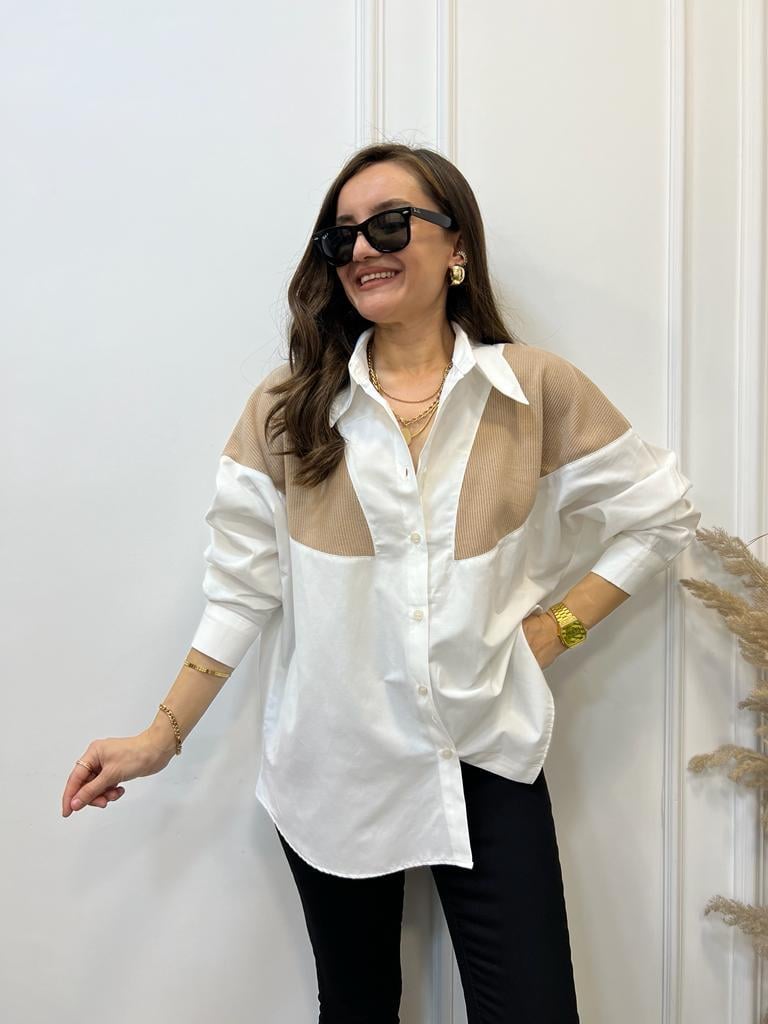 Ekru Camel Triko Detaylı Oversize Gömlek 28034