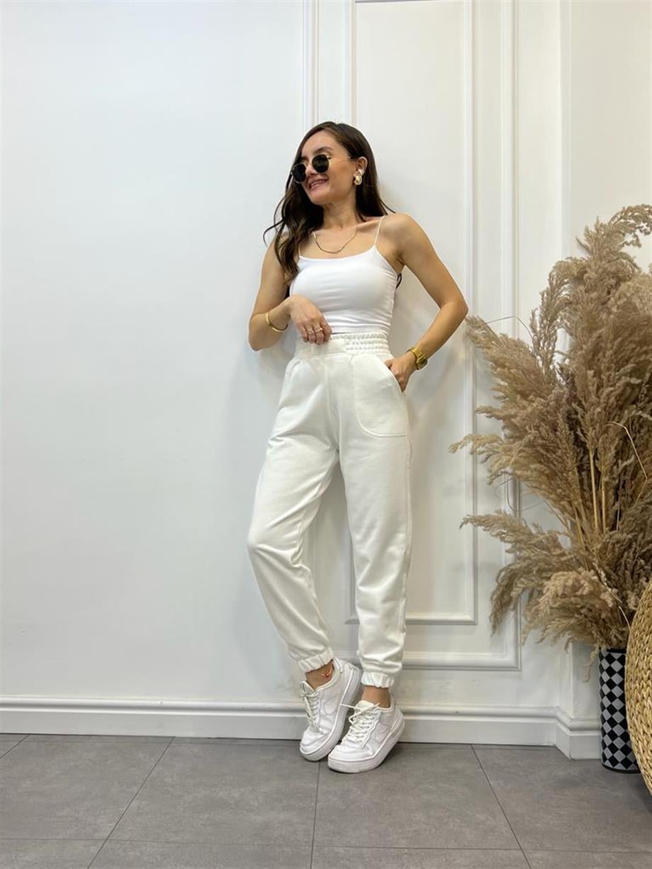 Ekru Cepli Bel Paça Lastikli Alt Eşofman 5045