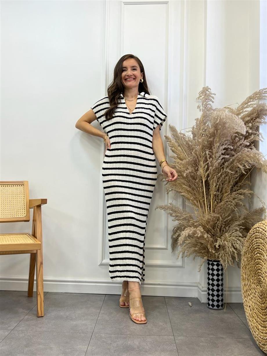 Ekru Çizgili Polo Yaka Triko Elbise 2166