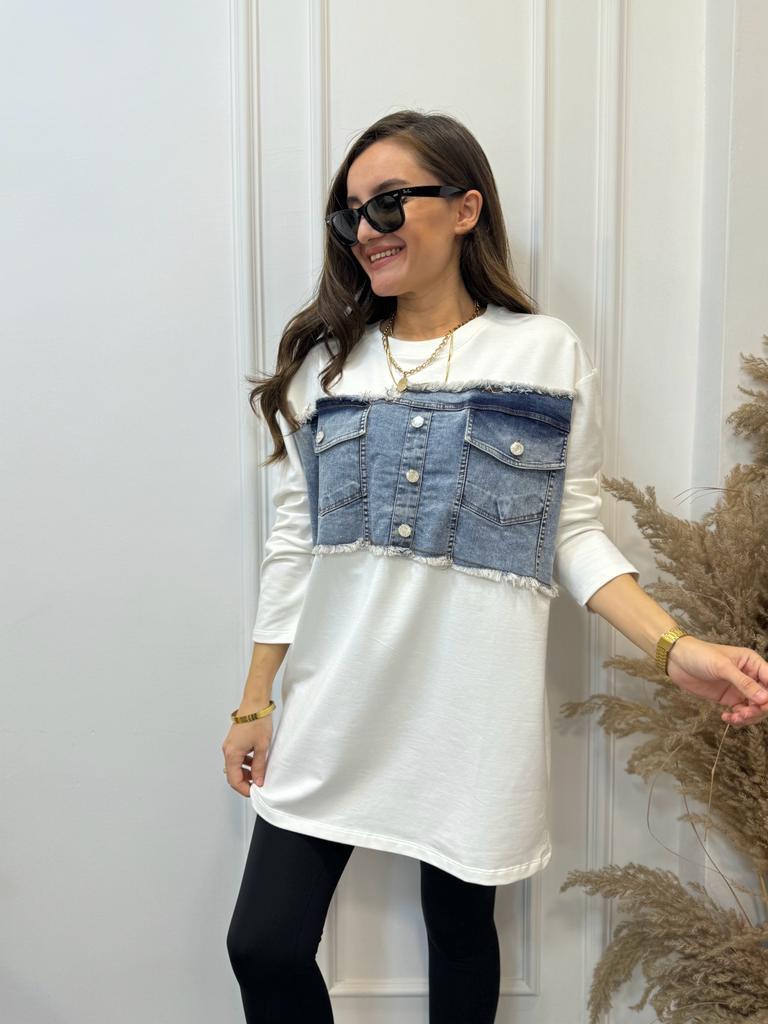 Ekru Denım Detaylı Ön Düğmeli Sweatshirt 28242