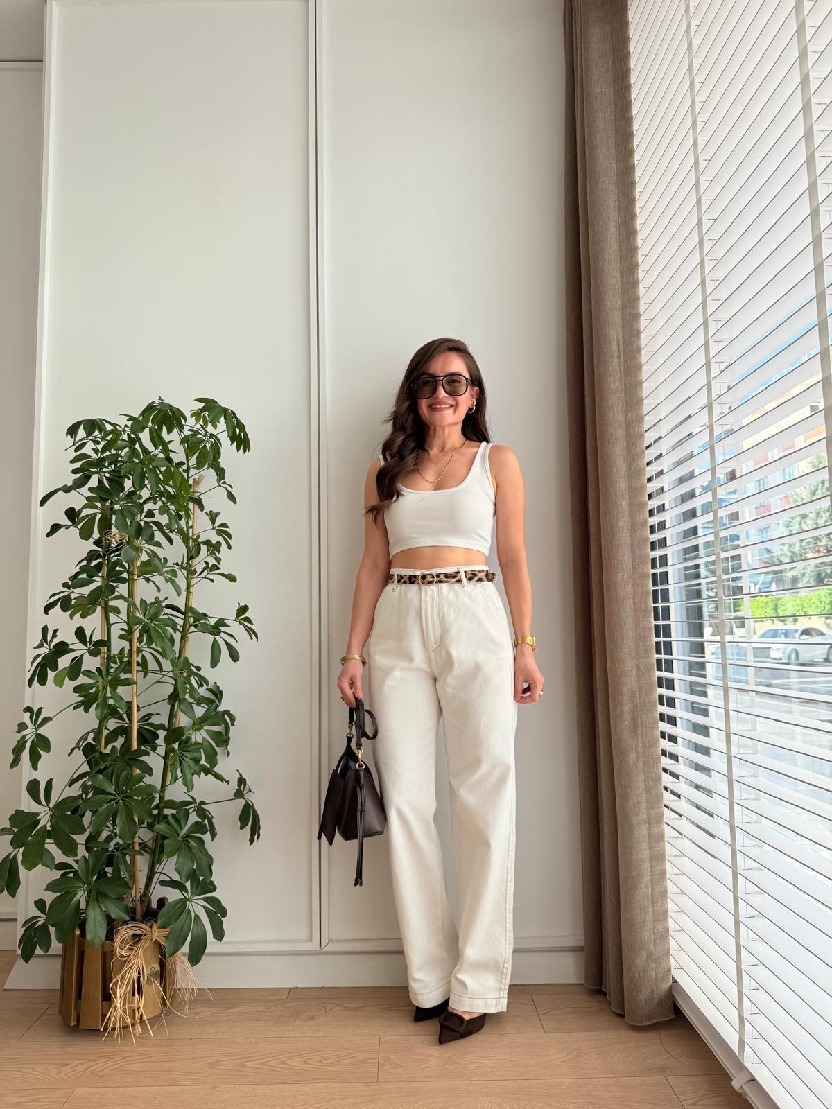 Ekru Dikiş Detaylı Leopar Kemerli Gabardin Pantolon 3533