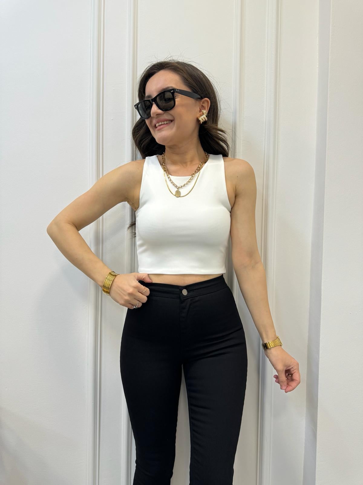 Ekru Double Kumaş Likralı Halter Yaka Crop 0017