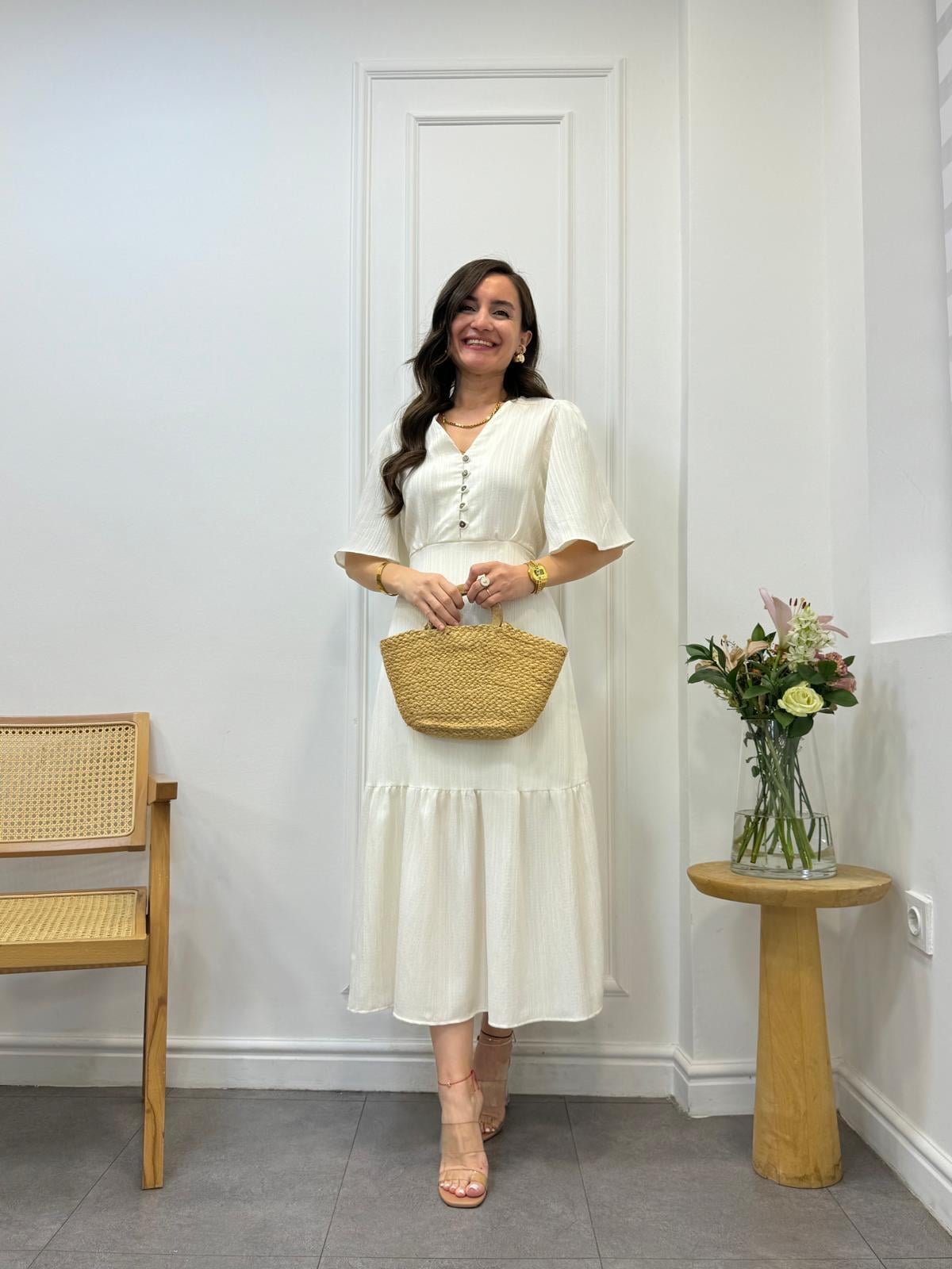 Ekru Düğmeli Bel Bağlama Detaylı Elbise 3524