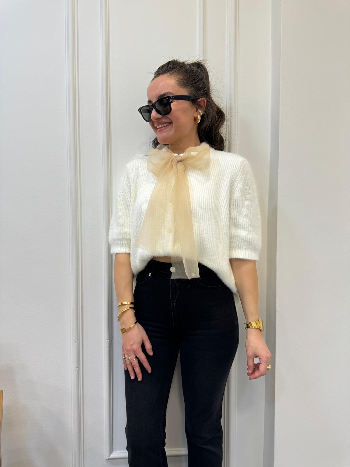 Ekru Fular Detaylı Tasarım Kısa Kol Triko Hırka 24764