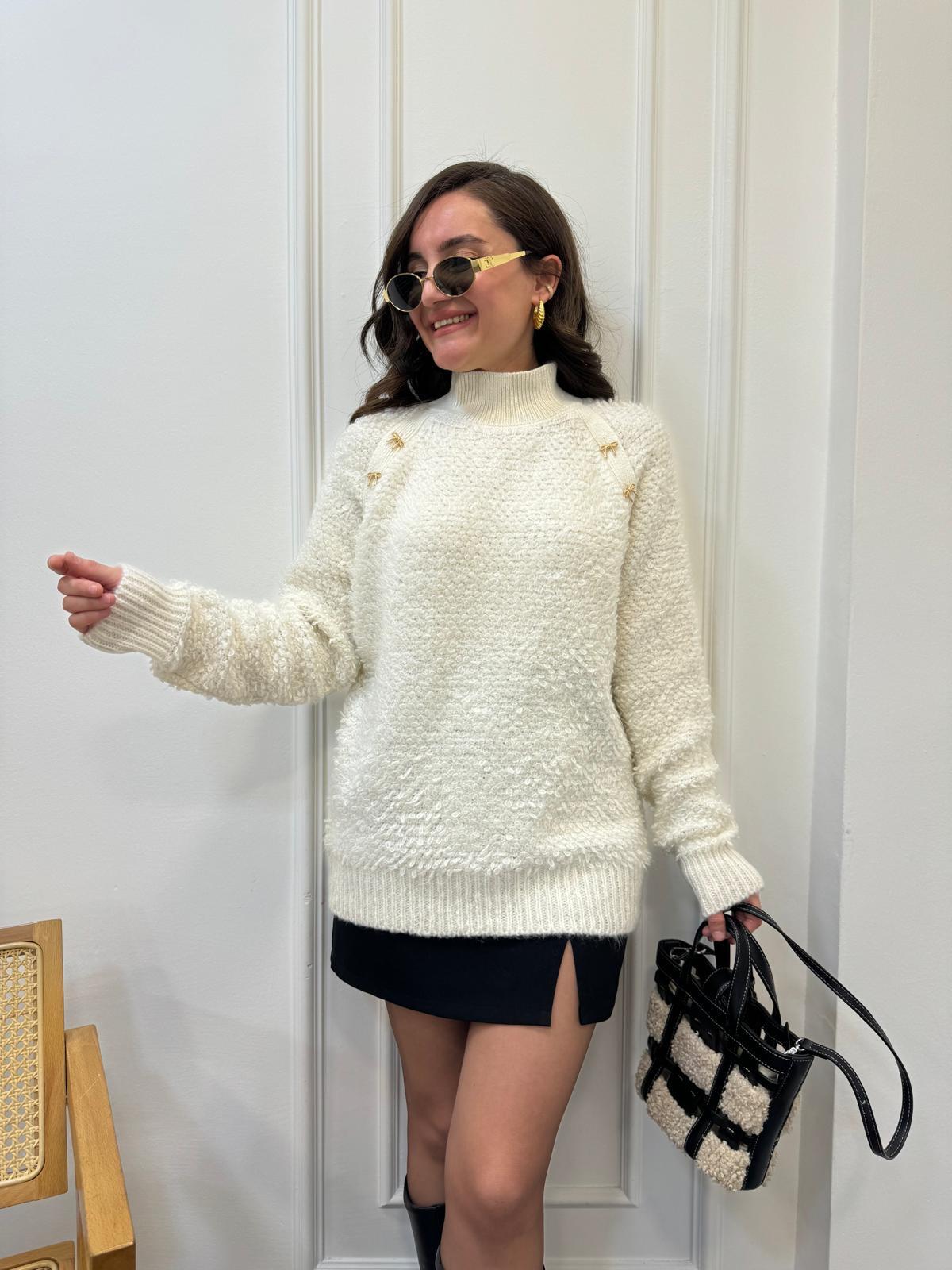 Ekru Gold Kurdele Detaylı Balıkçı Yaka Teddy Kazak 3177