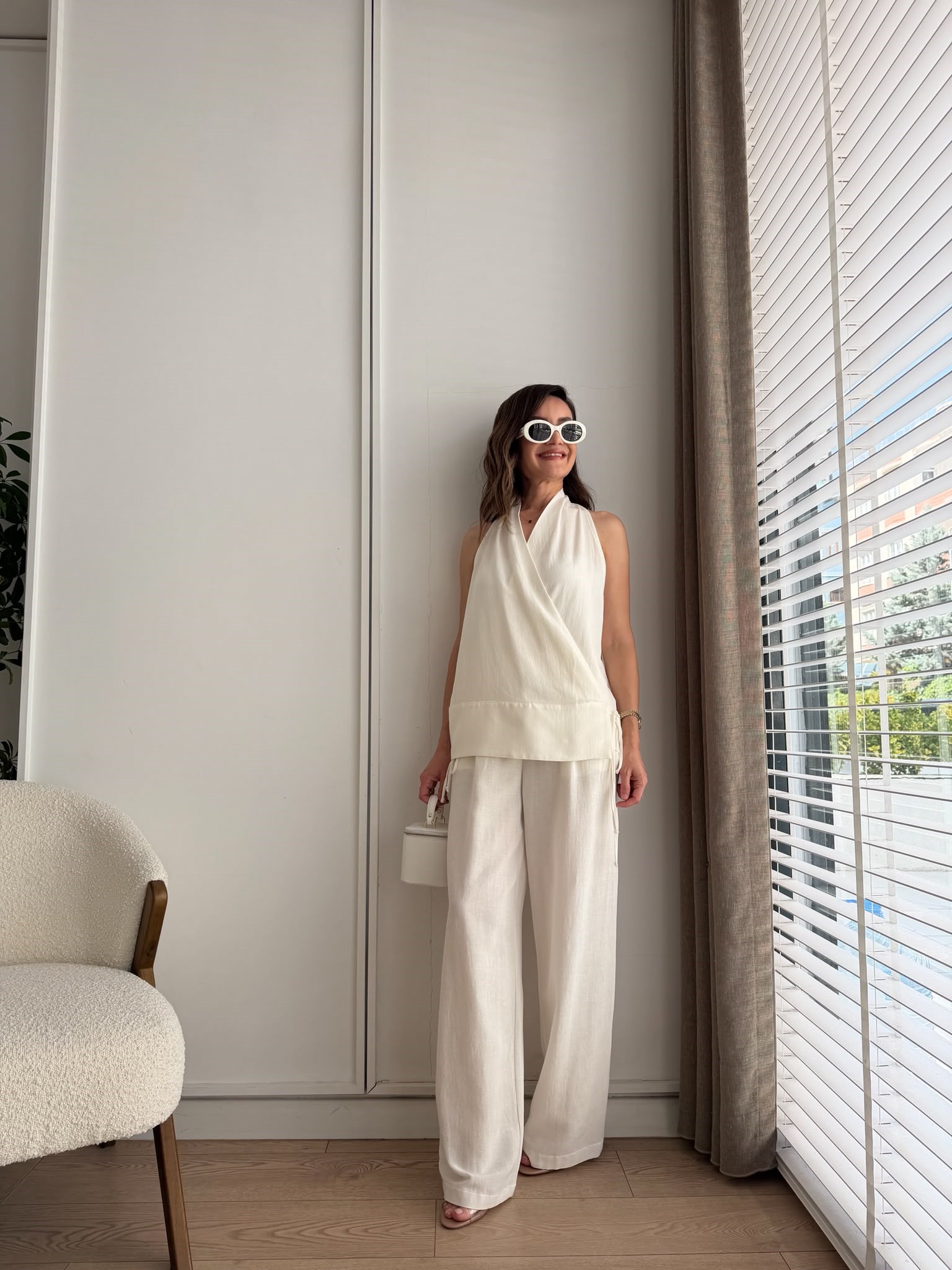 Ekru Halter Yaka Yandan Bağlamalı Kimono Takım 6027
