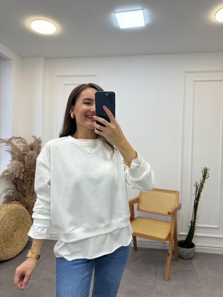 Ekru İki İplik Tshirt Detaylı Sweatshirt 28164