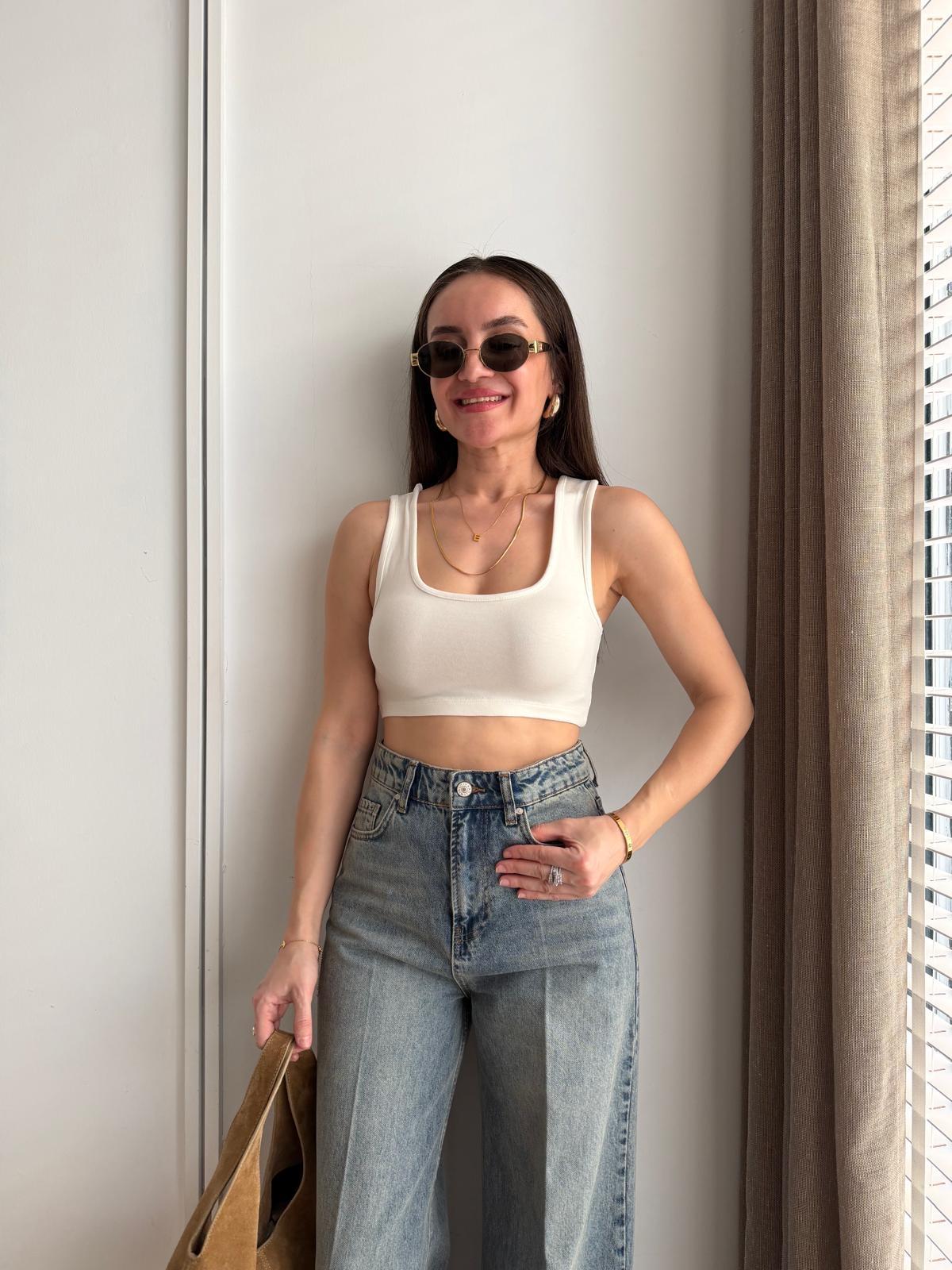 Ekru Kalın Askılı Crop Atlet 1379