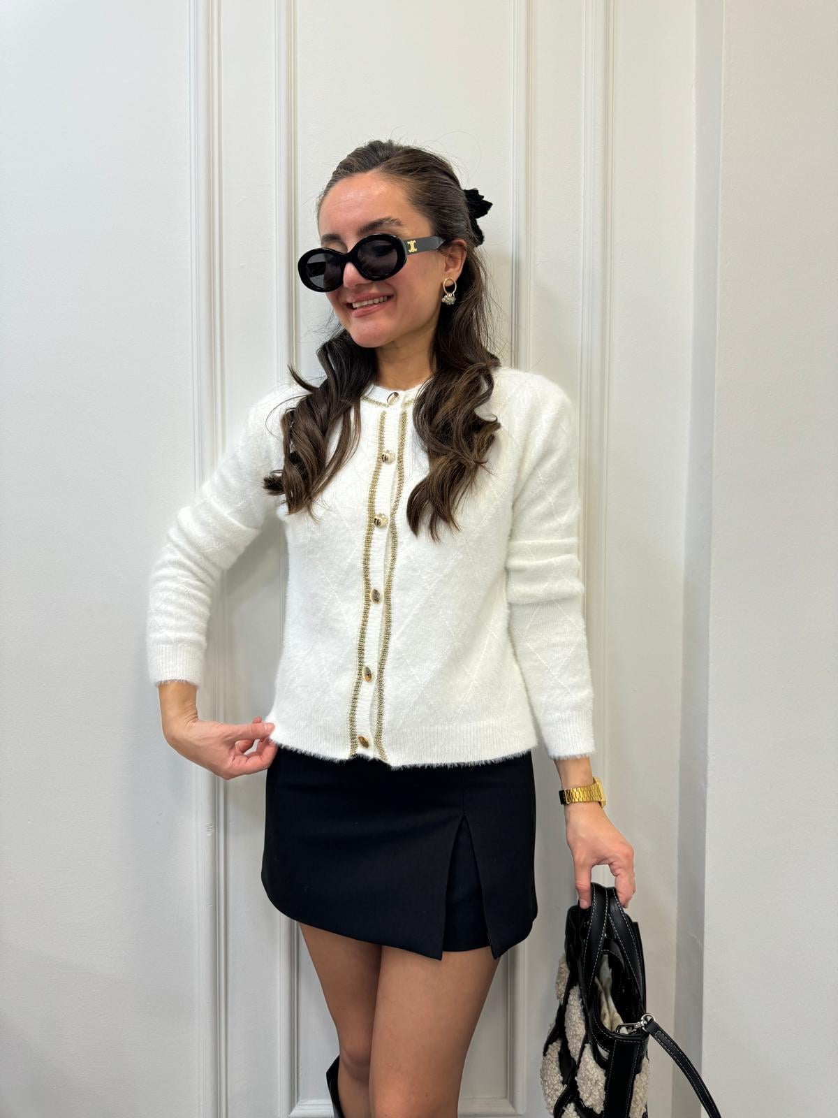 Ekru Kendinden Desenli Angora Hırka 35494