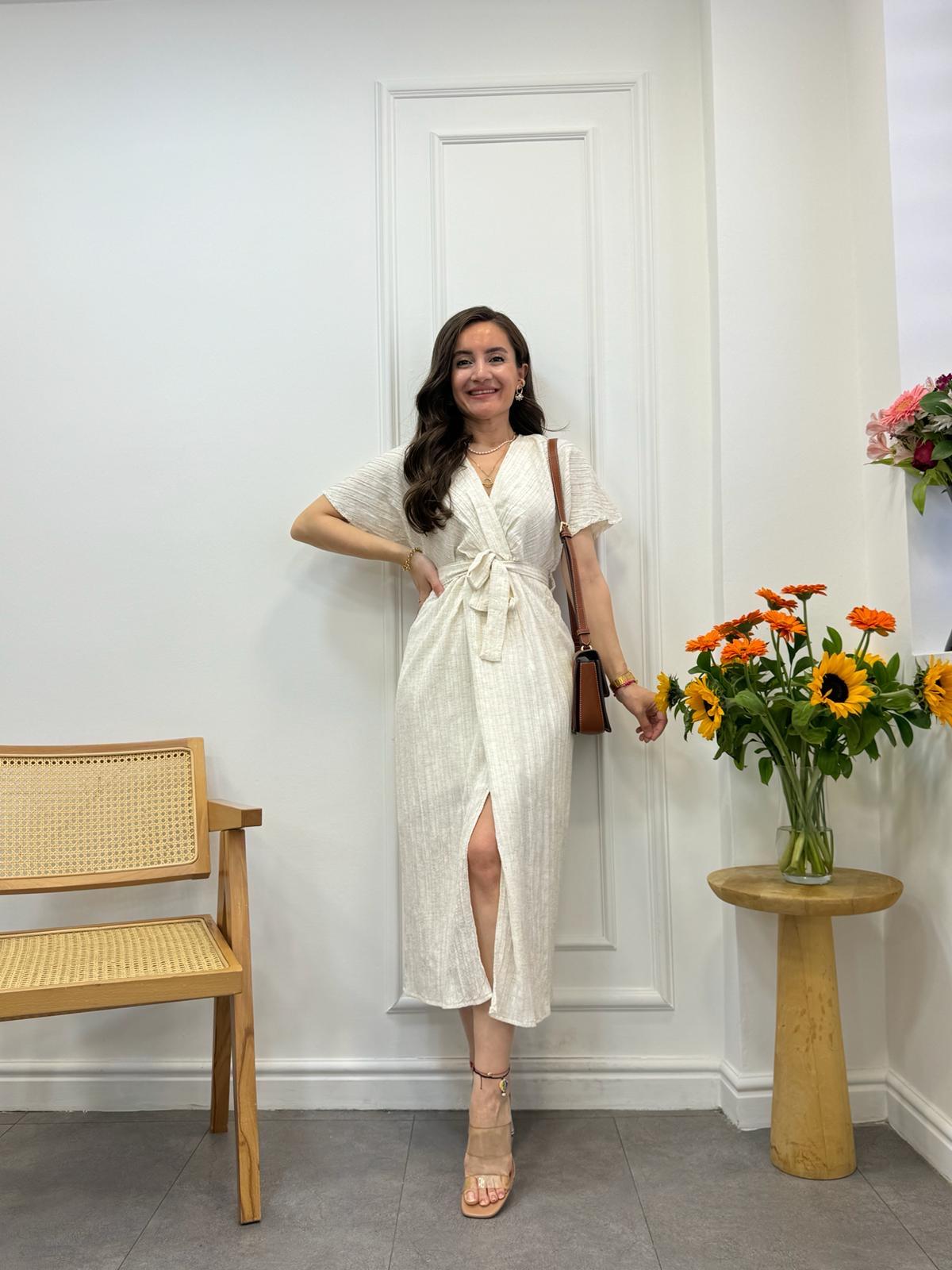 Ekru Kırçıllı Astarlı Bel Bağlamalı Elbise 3096