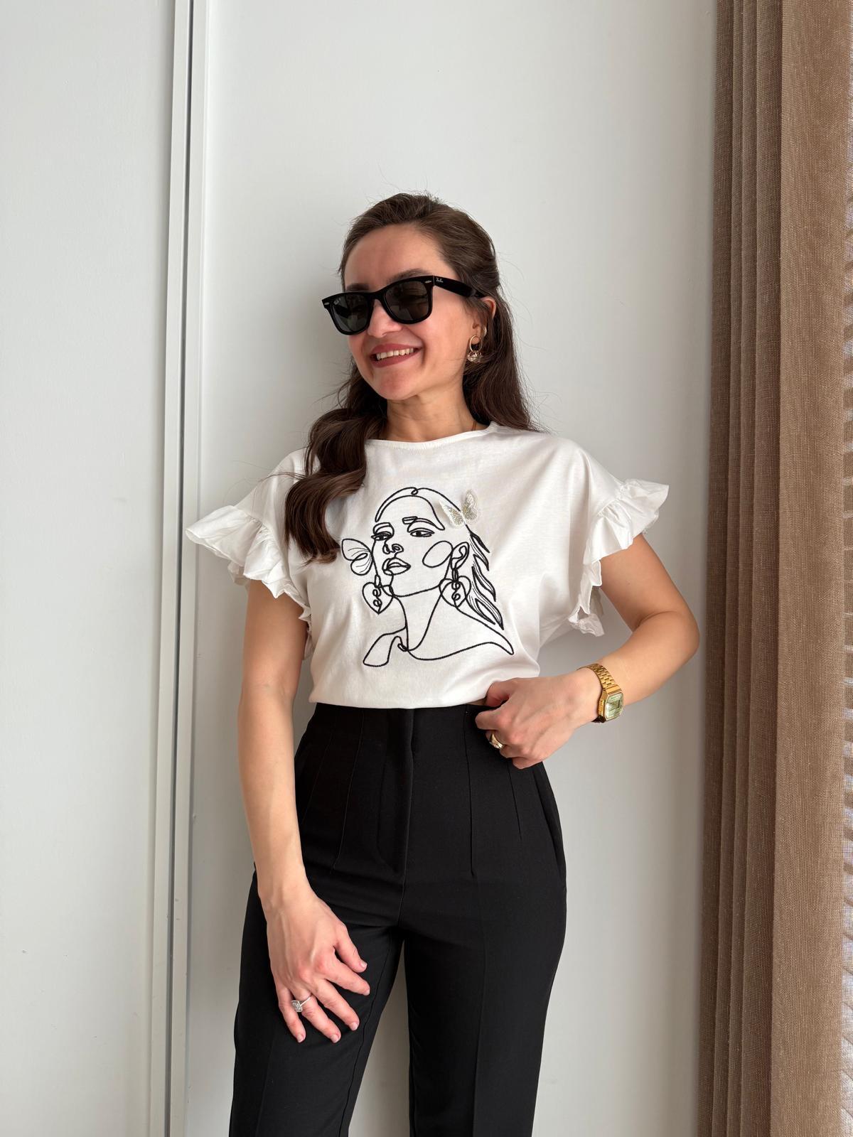 Ekru Kol Detaylı Baskılı Tshirt 29601