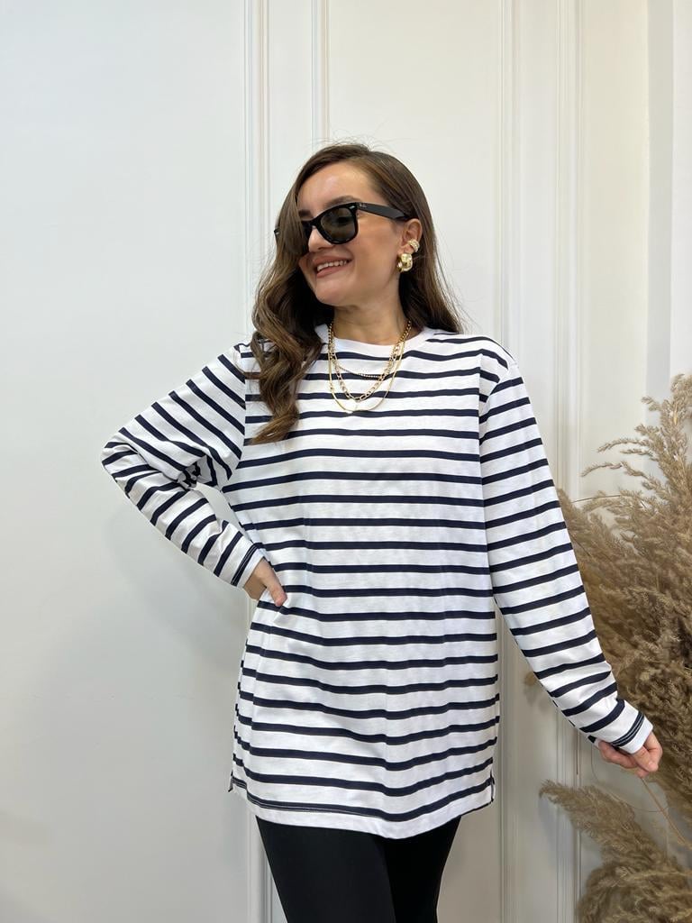 Ekru Lacivert Çizgili Bisiklet Yaka Sweatshirt 0637
