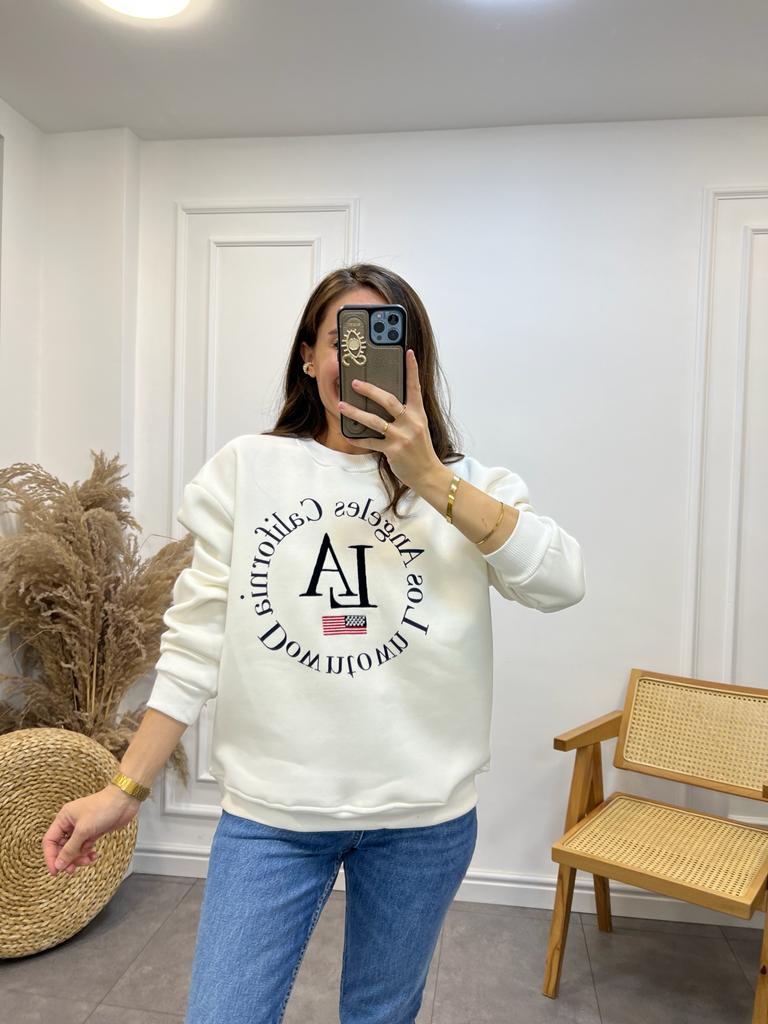 Ekru Lacivert Yazı Baskılı Bisiklet Yaka Sweatshirt 5011