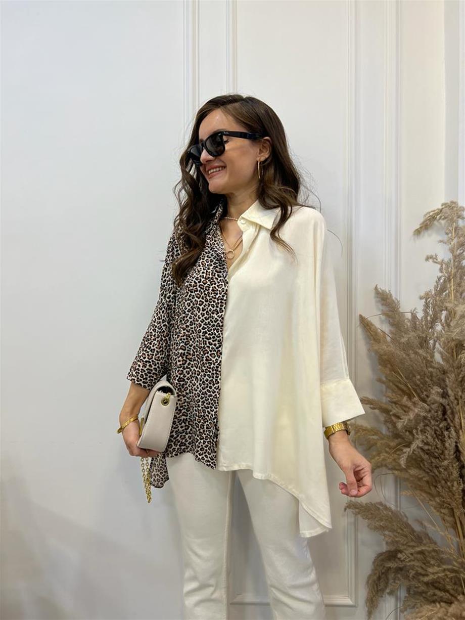 Ekru Leopar Detaylı Pamuklu Gömlek 256013