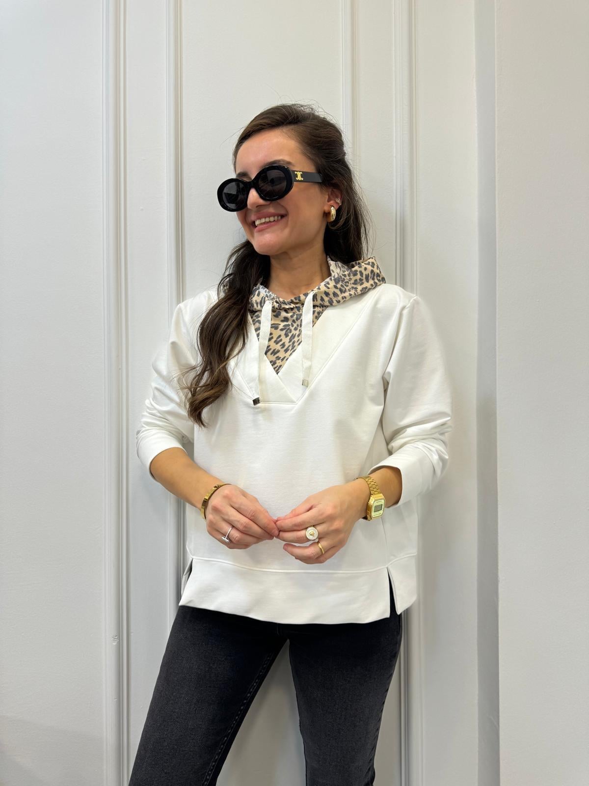 Ekru Leopar Kapüşon Detaylı Sweatshırt 28985