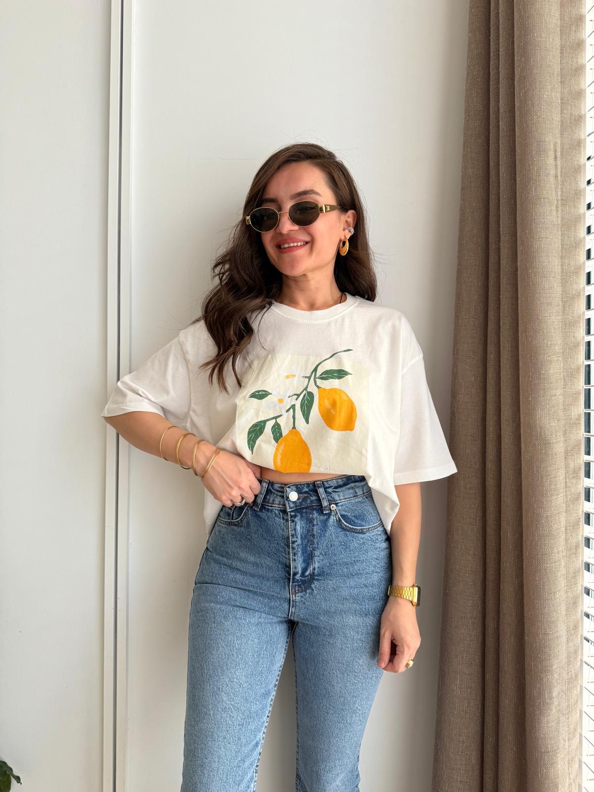 Ekru Limon Baskılı Oversize Tshirt 251047