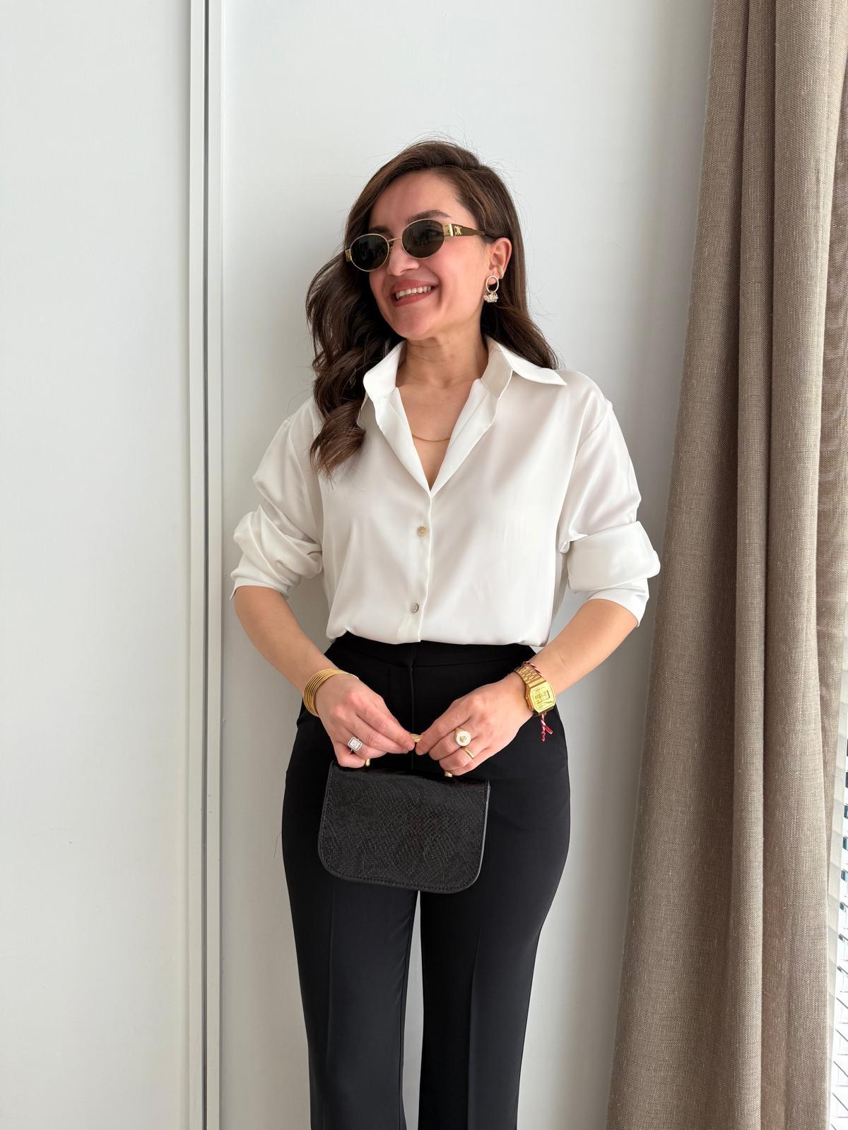 Ekru Manşetli Saten Gömlek 100