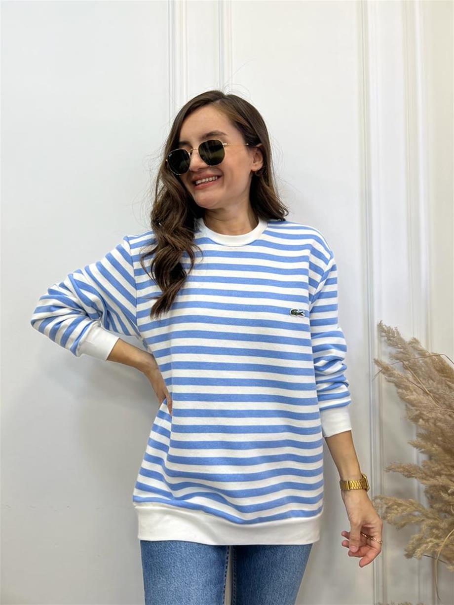 Ekru Mavi Çizgili Orijinal Marka Bisiklet Yaka Sweatshirt 2221