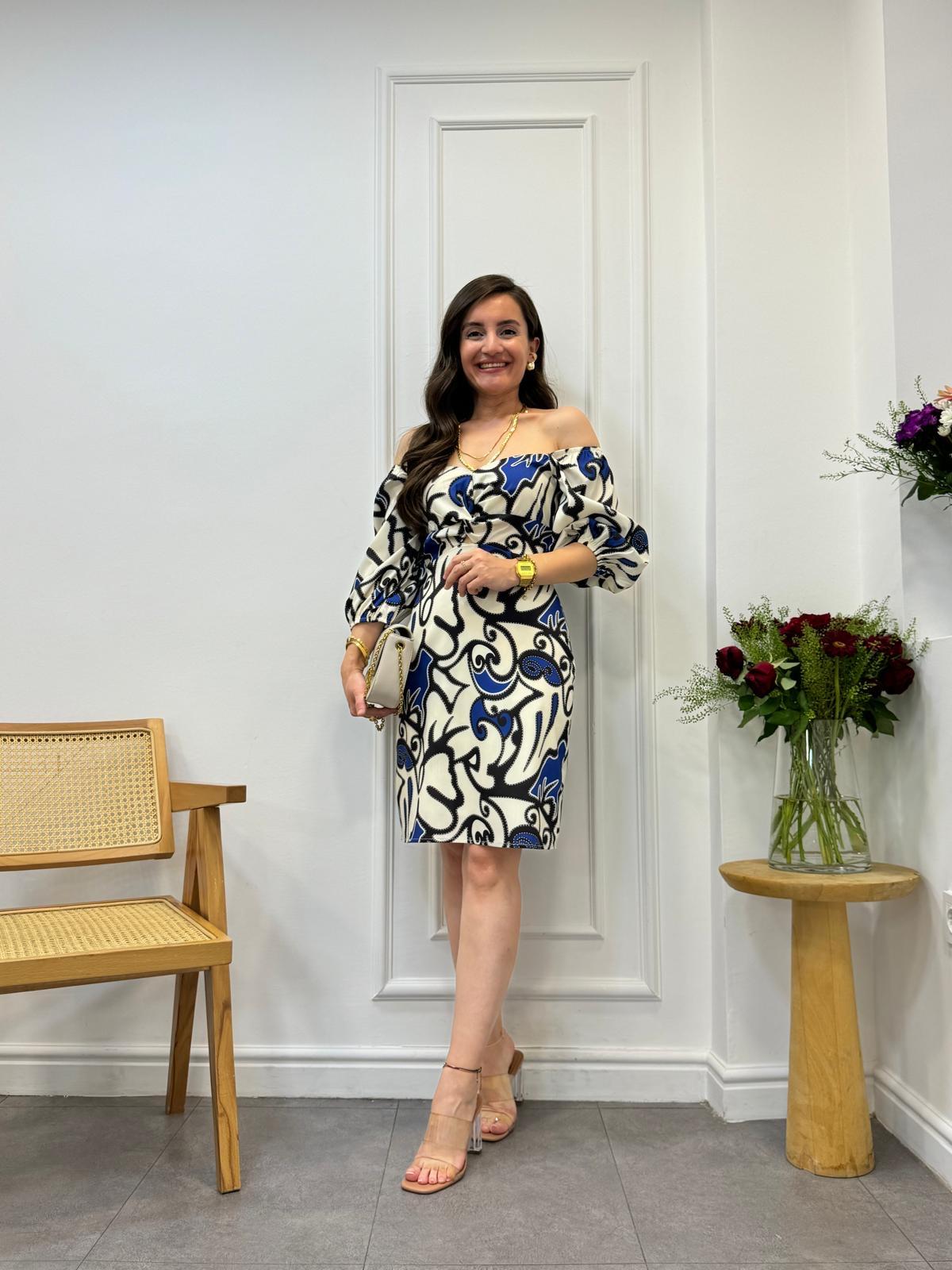 Ekru Mavi Desenli Balon Kol Mini Elbise 34695