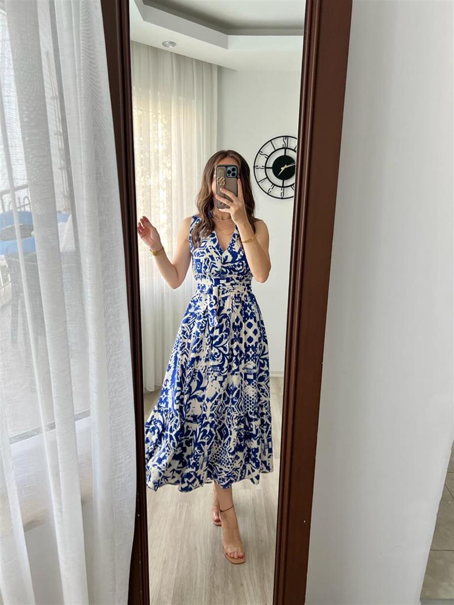 Ekru Mavi Desenli Kruvaze Yaka Arkadan Bağlamalı Elbise 00715