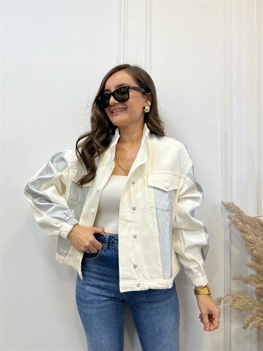 Ekru Metalik Detaylı Gabardin Ceket 5004
