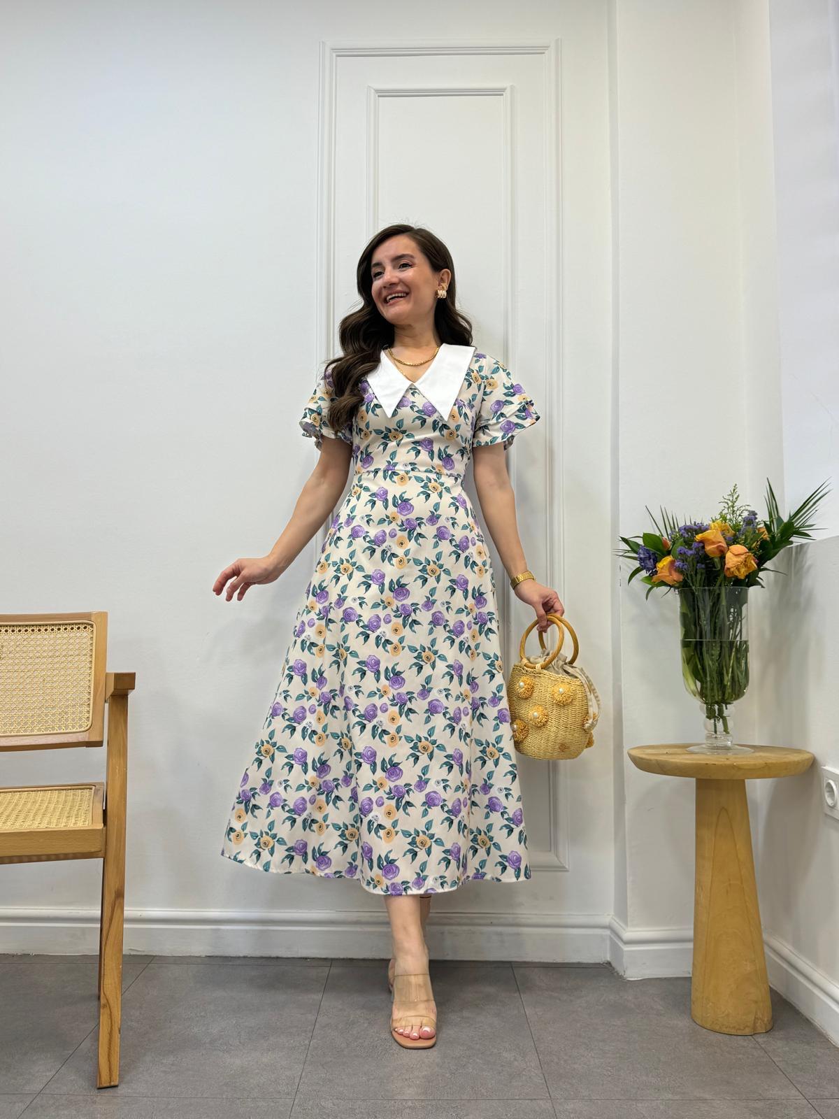 Ekru Mor Çiçek Desenli Bebe Yaka Elbise 2338