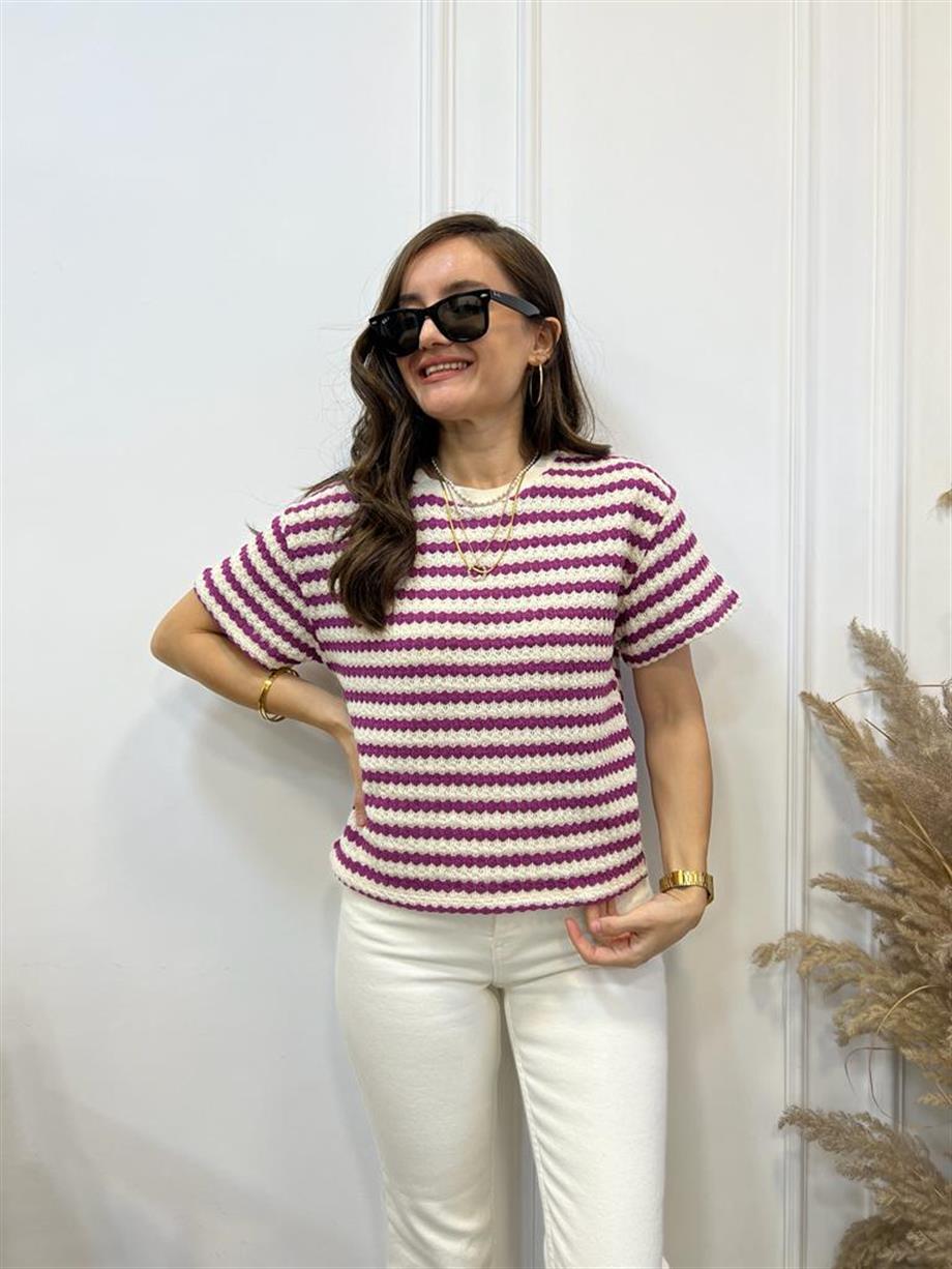 Ekru Mürdüm Çizgili Merserize Orijinal Marka Tshirt SB03