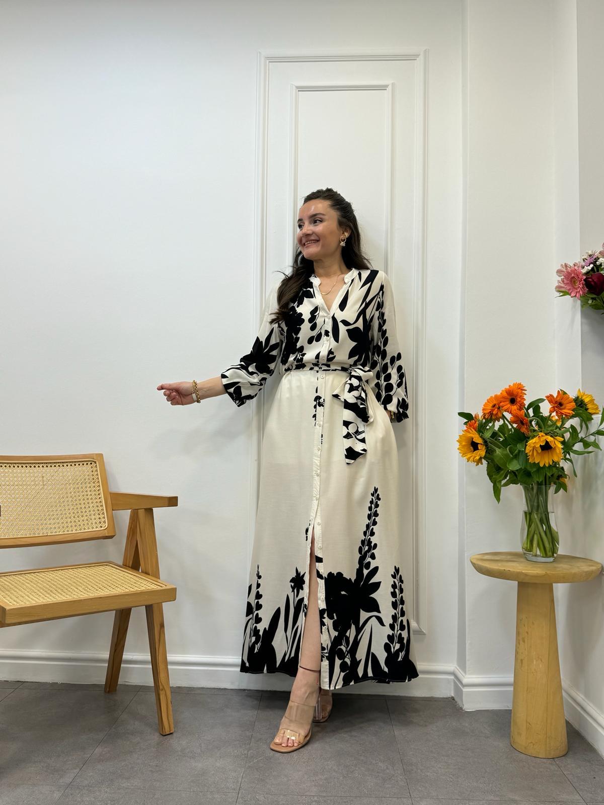 Ekru Önü Düğmeli Kuşaklı Otantik Elbise 4227