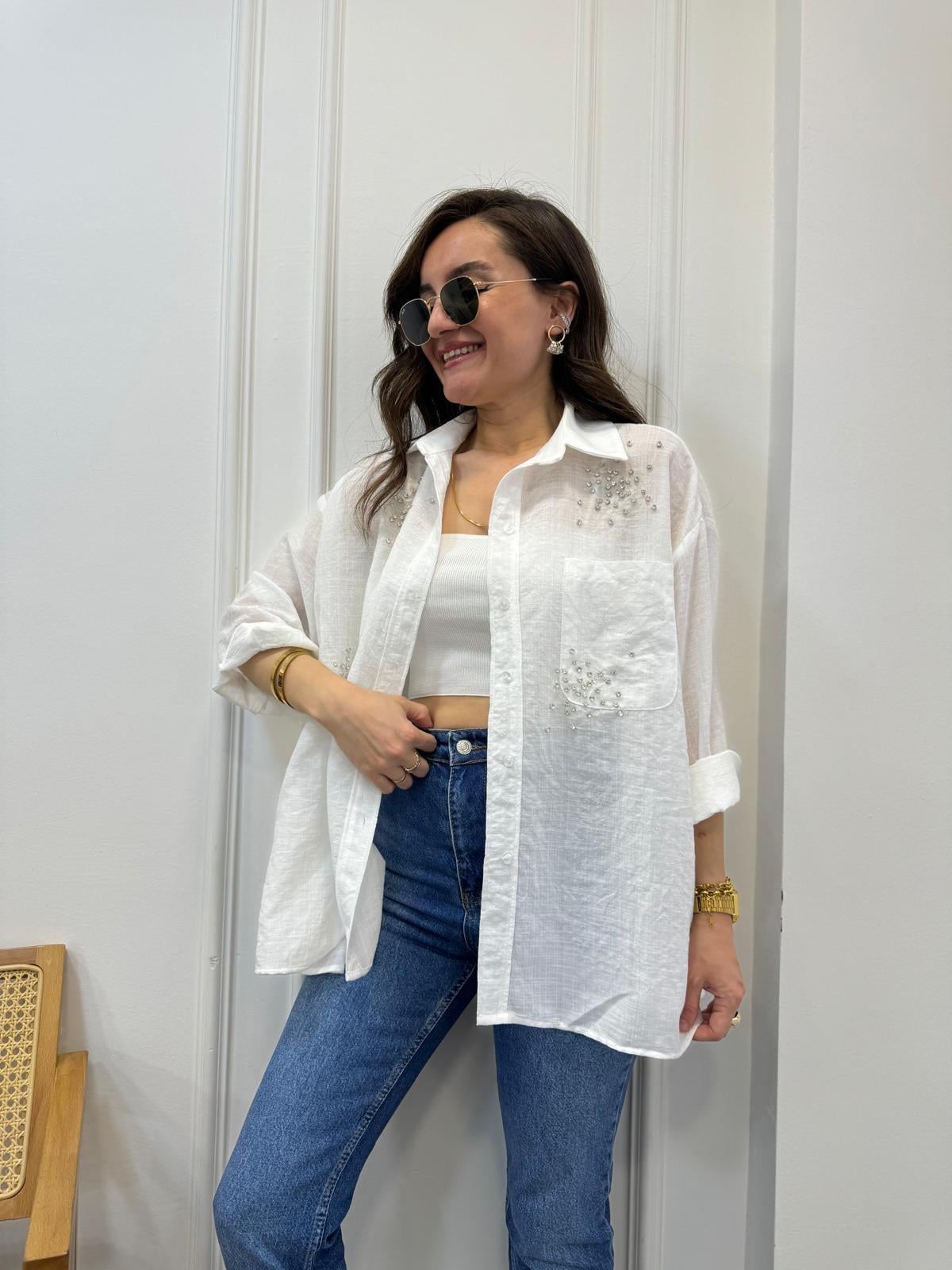 Ekru Önü Taş Detaylı Tek Cepli Oversize Gömlek 4913