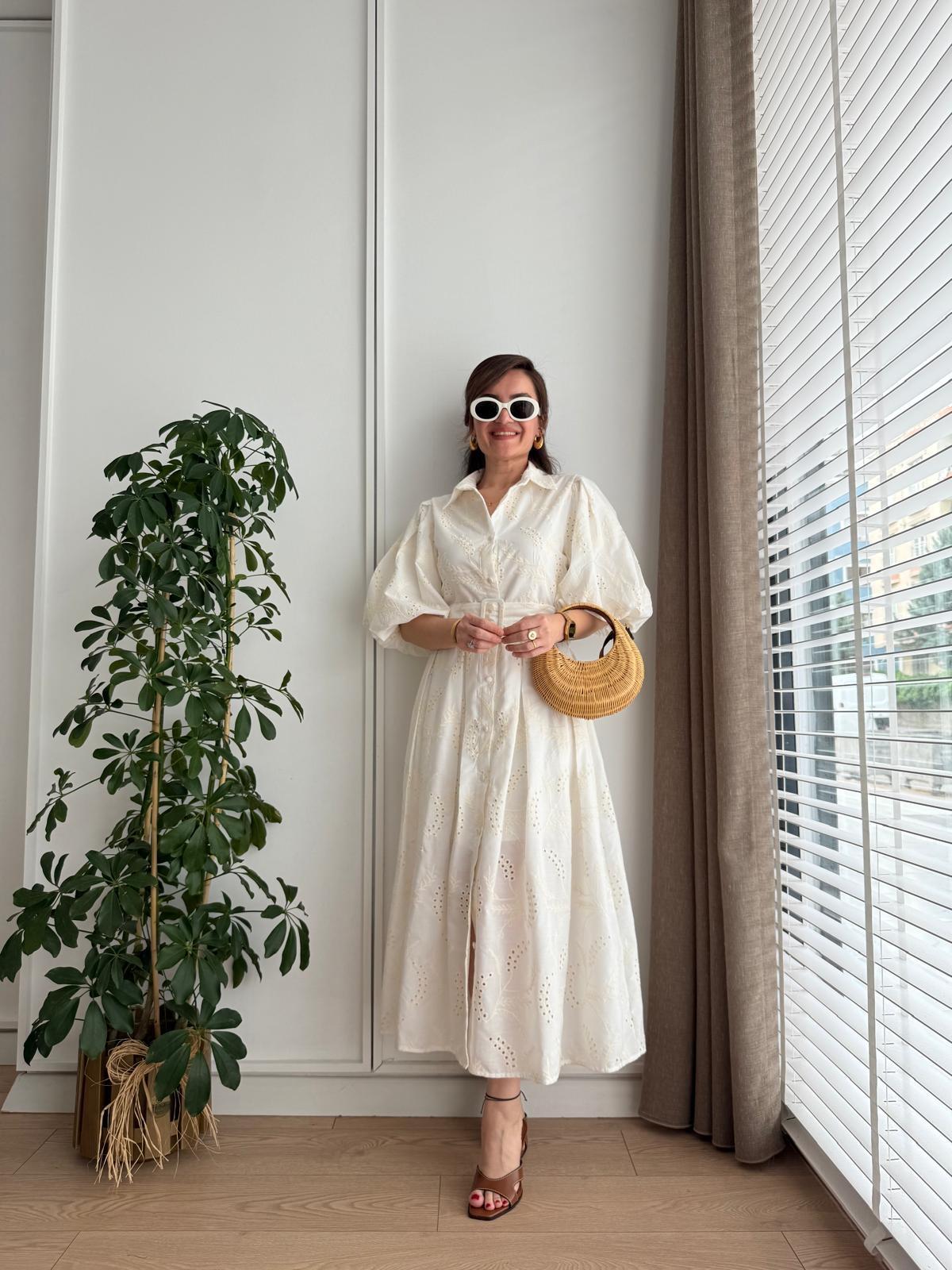 Ekru Pileli Balon Kol Elbise 8085