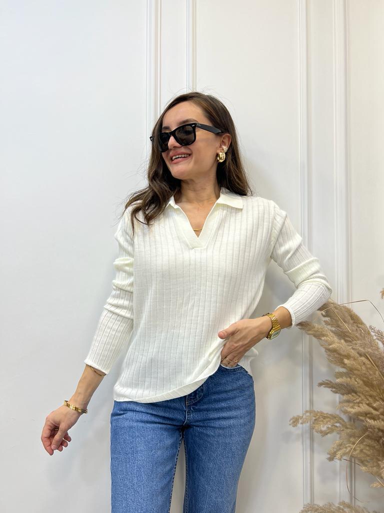 Ekru Polo Yaka Çizgili Triko Bluz 3243