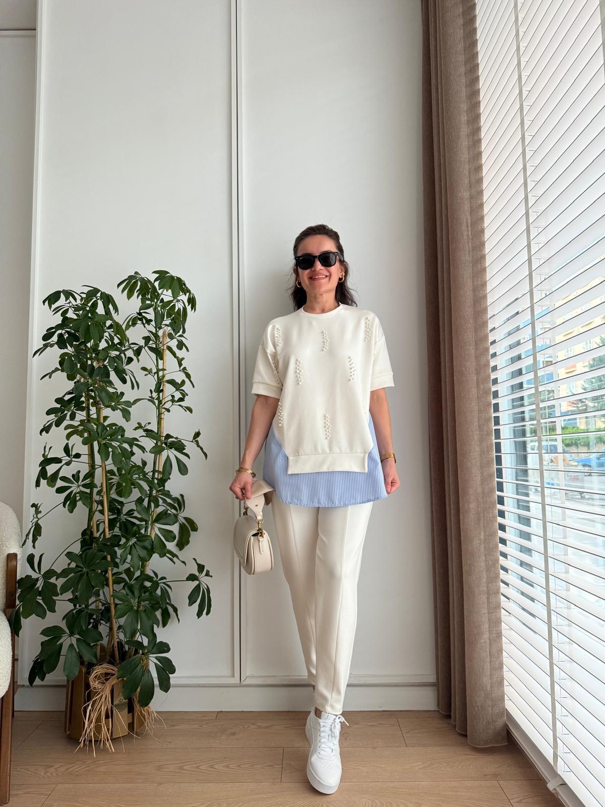 Ekru Poplin Detaylı İncili Takım 2235